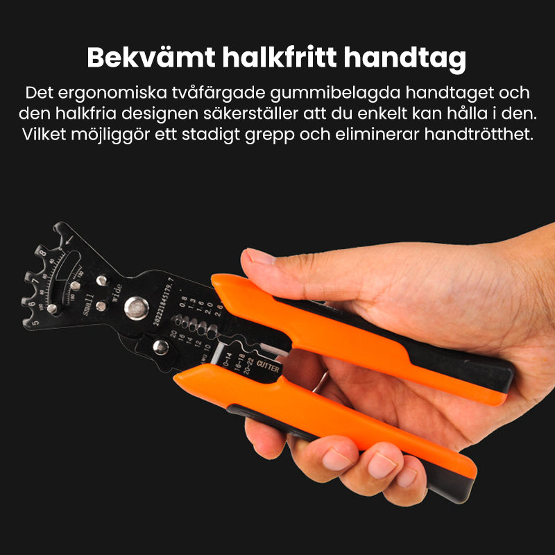 "Multifunktionell trådavisoleringstång med orange ergonomiskt handtag, idealisk för elektrikerarbeten och DIY-projekt."
