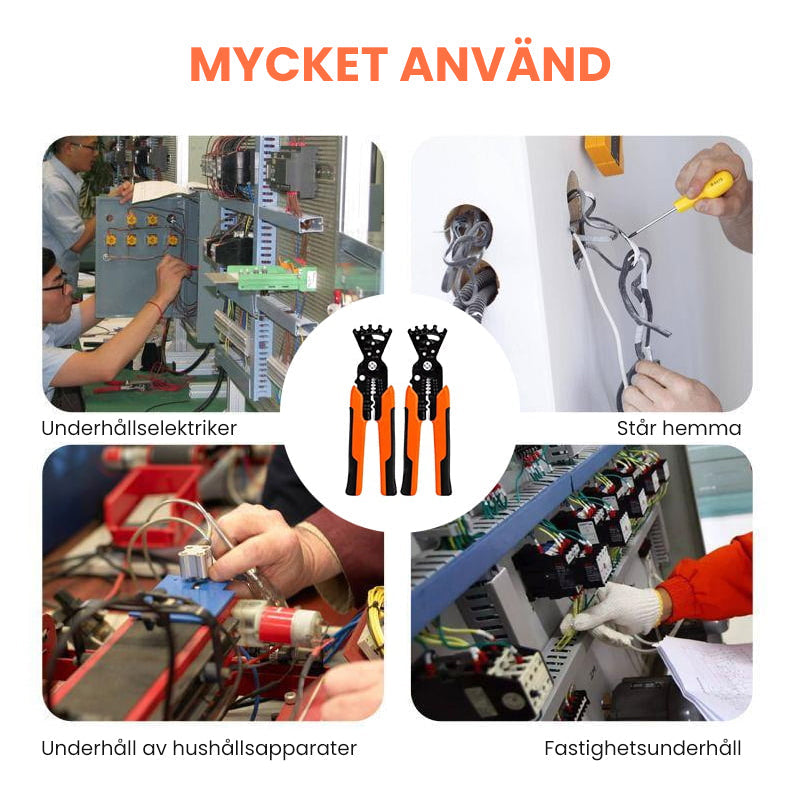 "Multifunktionell trådavisoleringstång med orange ergonomiskt handtag, idealisk för elektrikerarbeten och DIY-projekt."