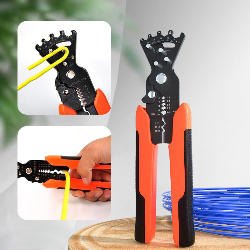 "Multifunktionell trådavisoleringstång med orange ergonomiskt handtag, idealisk för elektrikerarbeten och DIY-projekt."