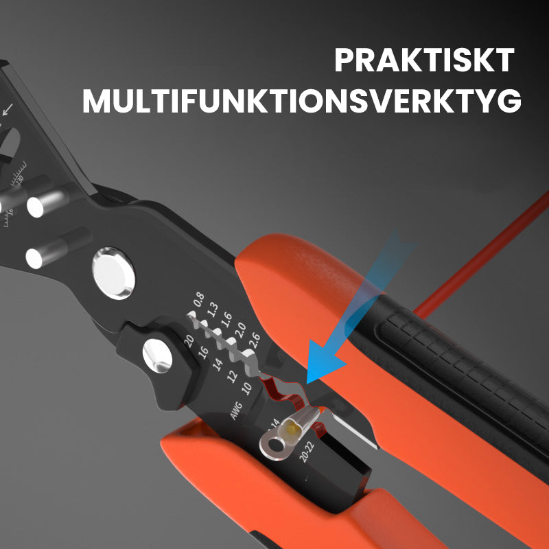 "Multifunktionell trådavisoleringstång med orange ergonomiskt handtag, idealisk för elektrikerarbeten och DIY-projekt."