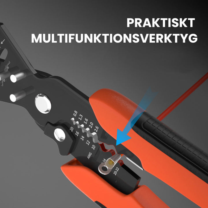 "Multifunktionell trådavisoleringstång med orange ergonomiskt handtag, idealisk för elektrikerarbeten och DIY-projekt."