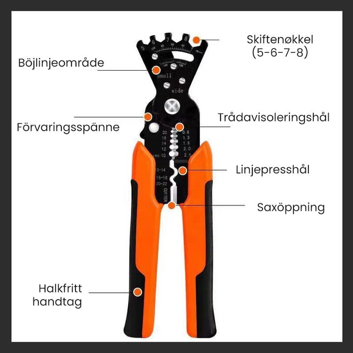 "Multifunktionell trådavisoleringstång med orange ergonomiskt handtag, idealisk för elektrikerarbeten och DIY-projekt."