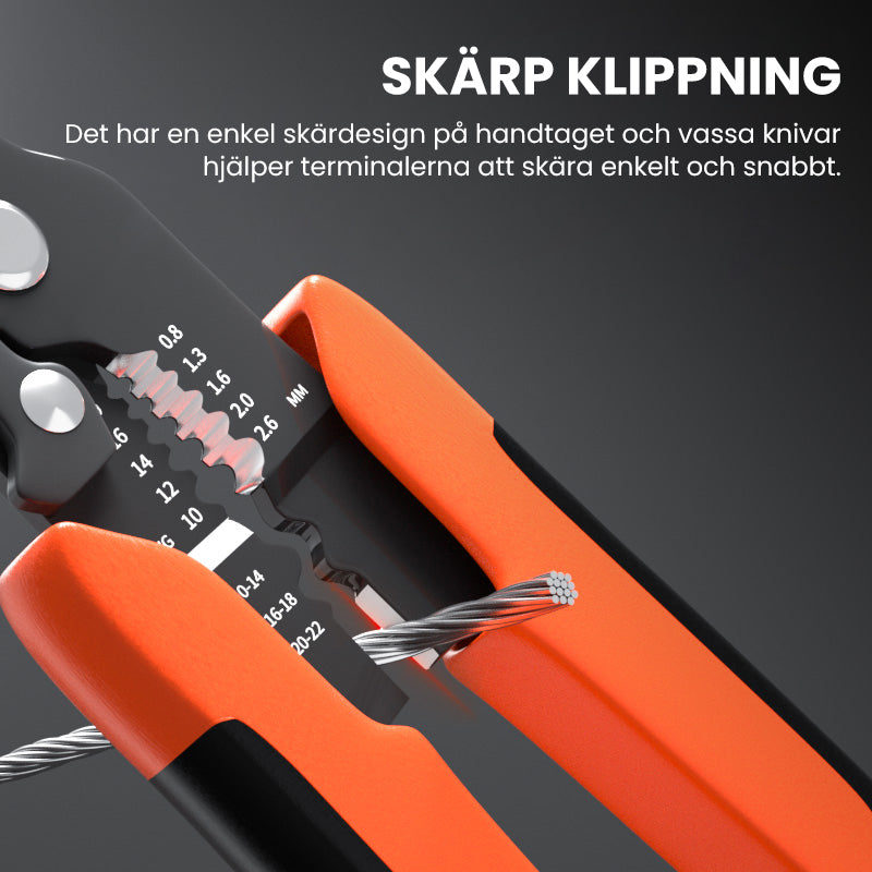 "Multifunktionell trådavisoleringstång med orange ergonomiskt handtag, idealisk för elektrikerarbeten och DIY-projekt."