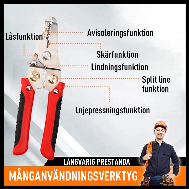 "Multifunktionell trådklyvtång för elektriker med ergonomiskt handtag, perfekt för att strippa och klippa kablar effektivt."