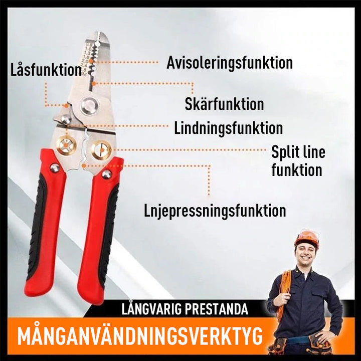 "Multifunktionell trådklyvtång för elektriker med ergonomiskt handtag, perfekt för att strippa och klippa kablar effektivt."