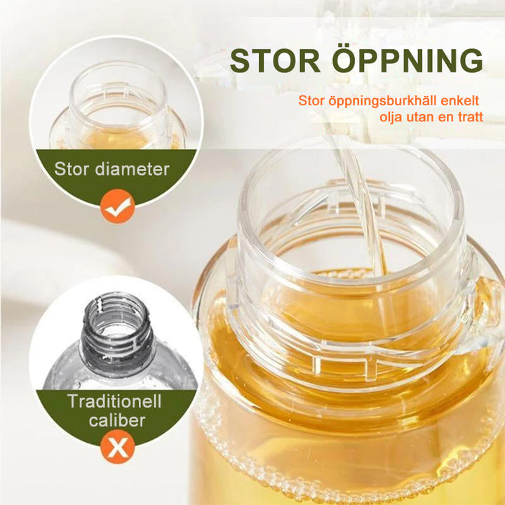 "Multifunktionell transparent oljesprayflaska i PET-plast med lufttrycksystem, svart och vit färg, för köket."