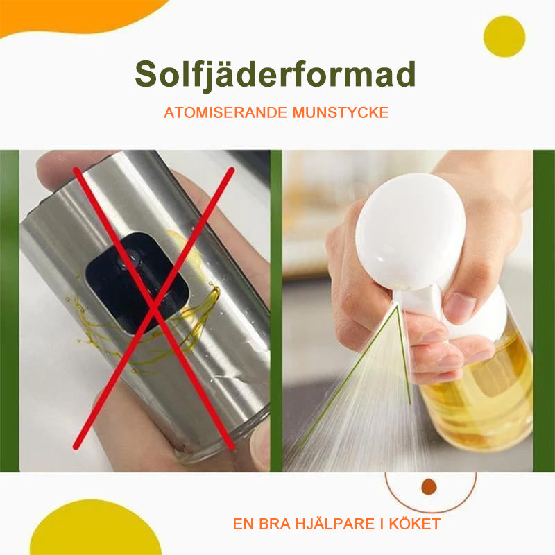 "Multifunktionell transparent oljesprayflaska i PET-plast med lufttrycksystem, svart och vit färg, för köket."