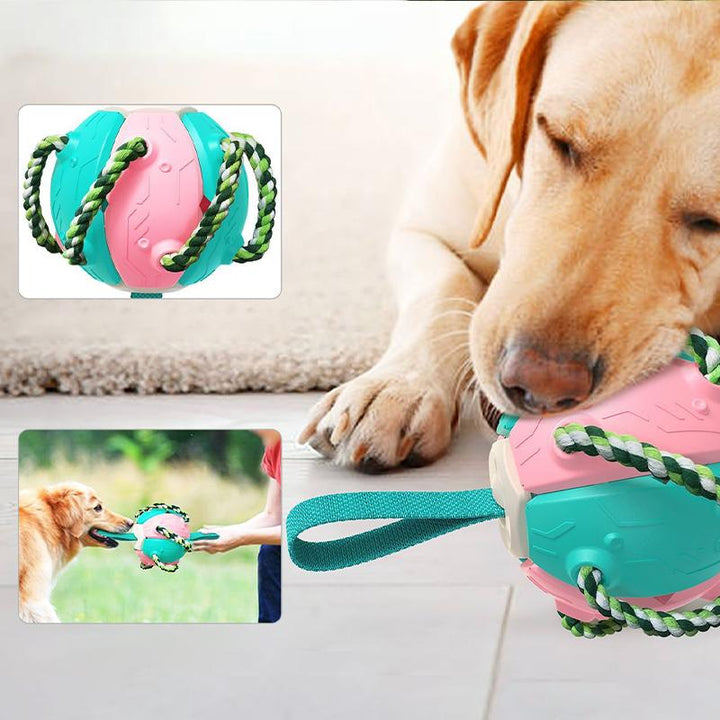 "Multifunktionell tuggig UFO-boll för hundträning med färgglada rep och gummiyta, perfekt för interaktiv lek utomhus."