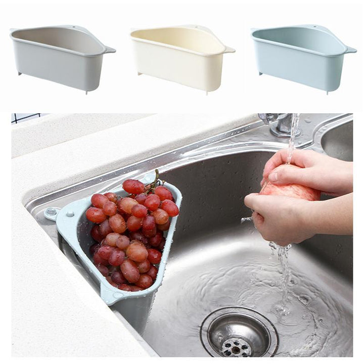 Multifunktionellt förvaringsställ för diskbänk i grå, blå, beige, med sugkopp och urholkad design för kök och badrum.