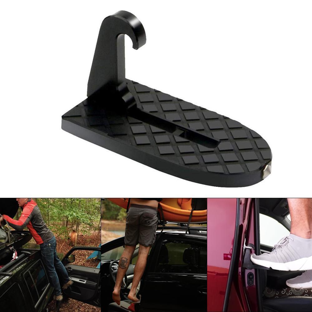 "Multifunktionellt fotsteg till bil med halkskydd och nödhammare, säker användning vid alla fordonstyper."