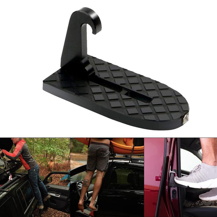 "Multifunktionellt fotsteg till bil med halkskydd och nödhammare, säker användning vid alla fordonstyper."