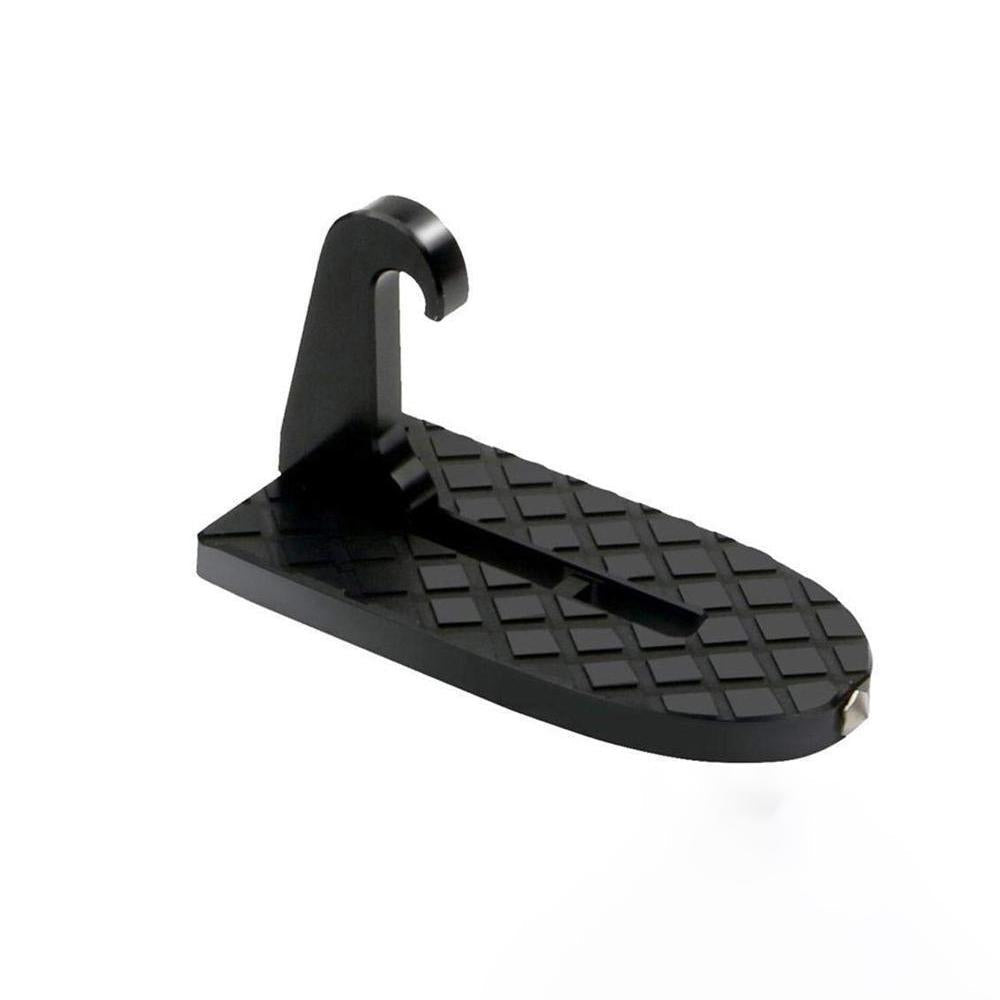 "Multifunktionellt fotsteg till bil med halkskydd och nödhammare, säker användning vid alla fordonstyper."