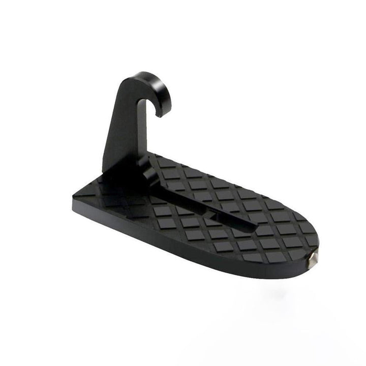 "Multifunktionellt fotsteg till bil med halkskydd och nödhammare, säker användning vid alla fordonstyper."