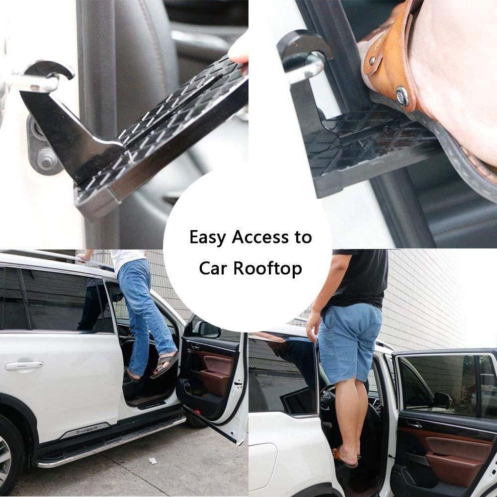 "Multifunktionellt fotsteg till bil med halkskydd och nödhammare, säker användning vid alla fordonstyper."