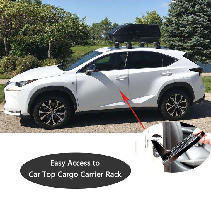 "Multifunktionellt fotsteg till bil med halkskydd och nödhammare, säker användning vid alla fordonstyper."