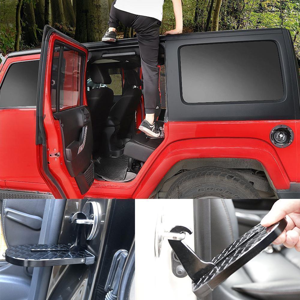 "Multifunktionellt fotsteg till bil med halkskydd och nödhammare, säker användning vid alla fordonstyper."