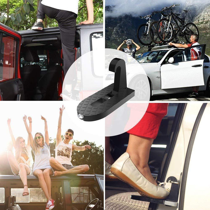 "Multifunktionellt fotsteg till bil med halkskydd och nödhammare, säker användning vid alla fordonstyper."