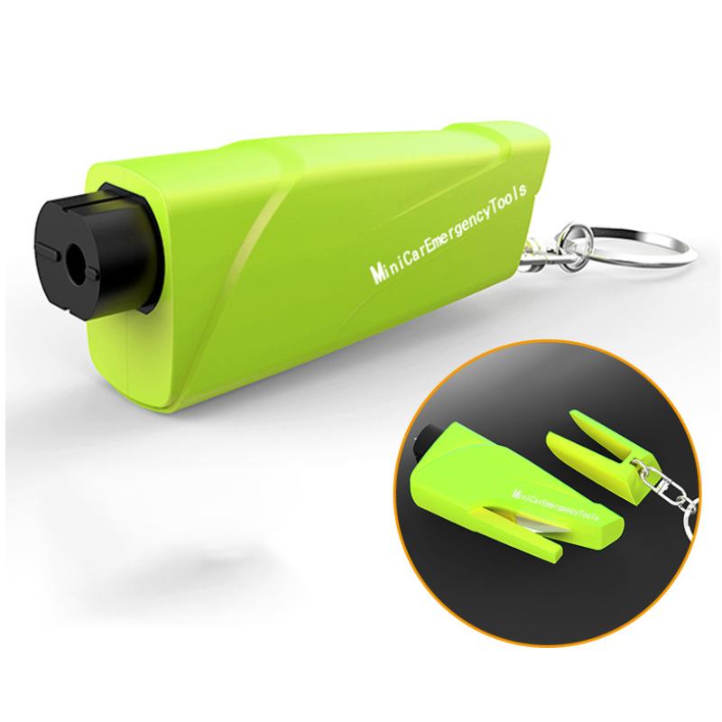 Multifunktionellt mini bil nödverktyg med hammare och säkerhetskap, kompakt design för enkel förvaring i bilen.