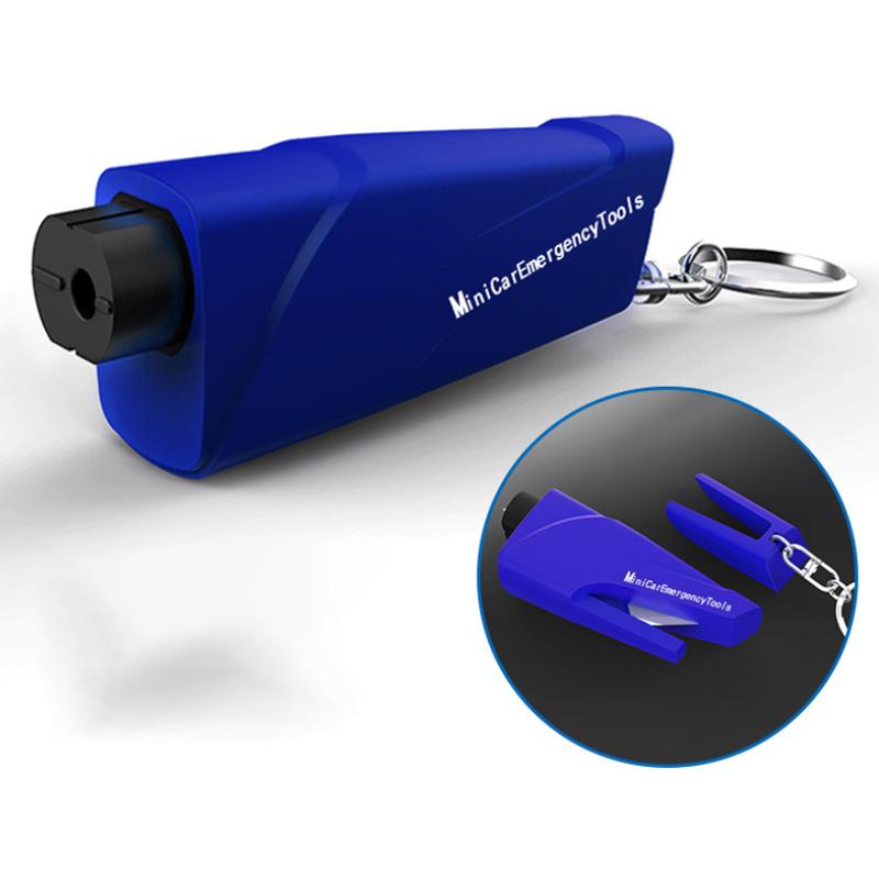 Multifunktionellt mini bil nödverktyg med hammare och säkerhetskap, kompakt design för enkel förvaring i bilen.