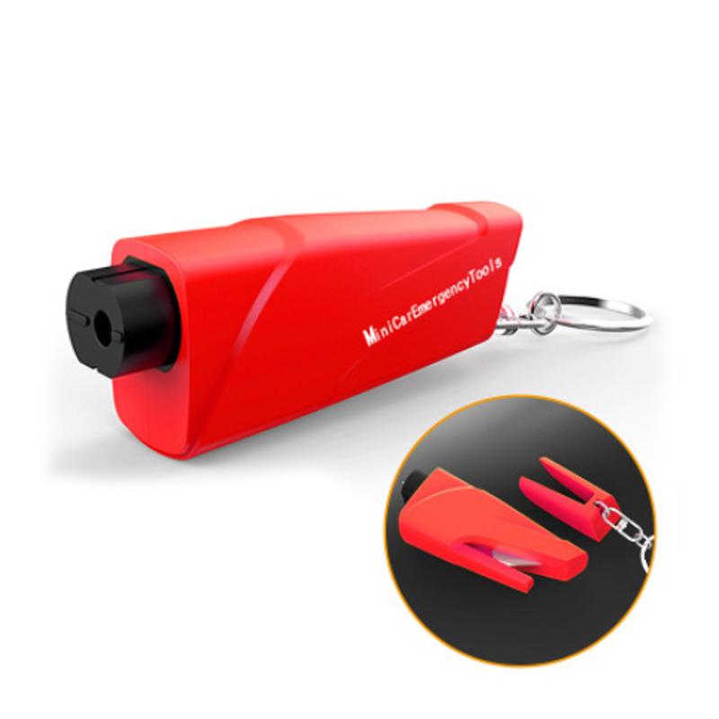 Multifunktionellt mini bil nödverktyg med hammare och säkerhetskap, kompakt design för enkel förvaring i bilen.