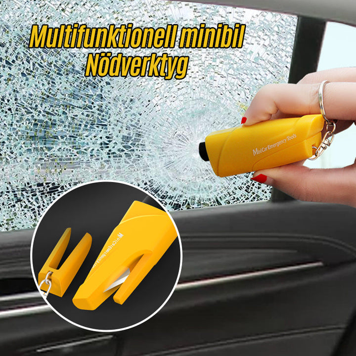 Multifunktionellt mini bil nödverktyg med hammare och säkerhetskap, kompakt design för enkel förvaring i bilen.