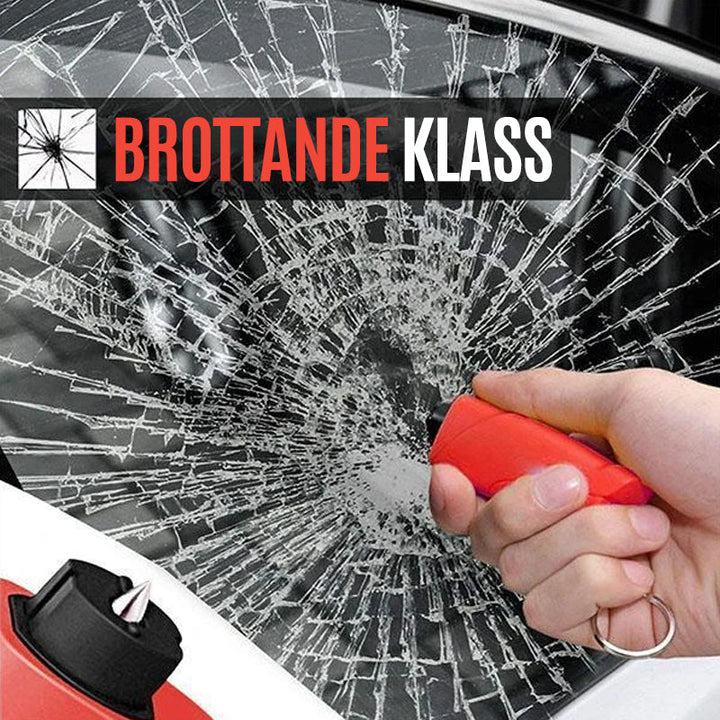 Multifunktionellt mini bil nödverktyg med hammare och säkerhetskap, kompakt design för enkel förvaring i bilen.