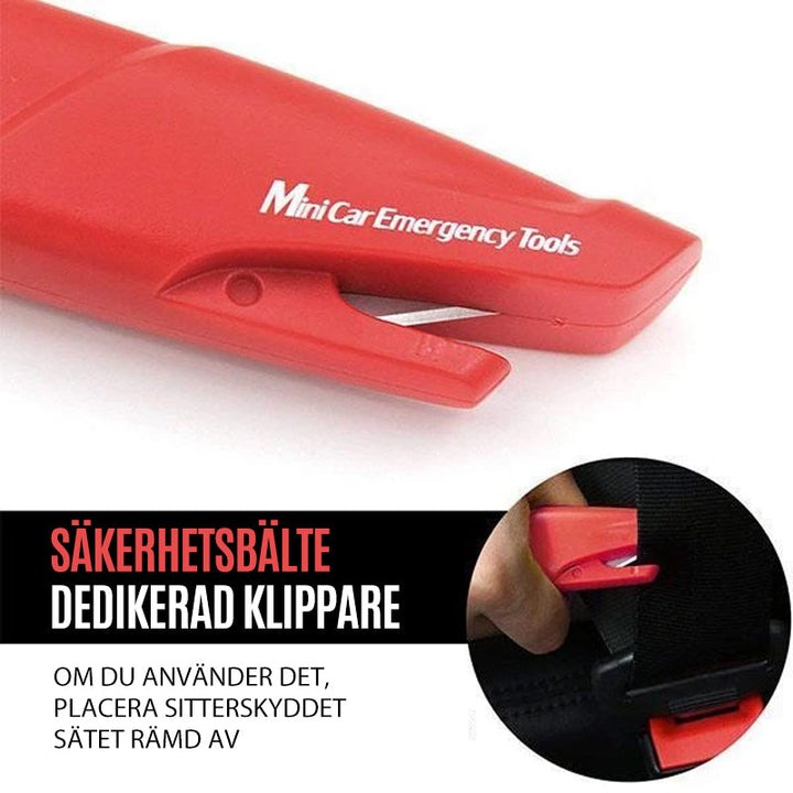 Multifunktionellt mini bil nödverktyg med hammare och säkerhetskap, kompakt design för enkel förvaring i bilen.