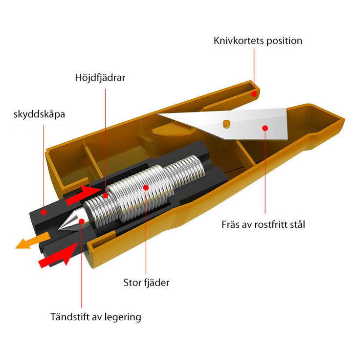 Multifunktionellt mini bil nödverktyg med hammare och säkerhetskap, kompakt design för enkel förvaring i bilen.