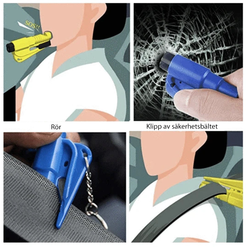 Multifunktionellt mini bil nödverktyg med hammare och säkerhetskap, kompakt design för enkel förvaring i bilen.