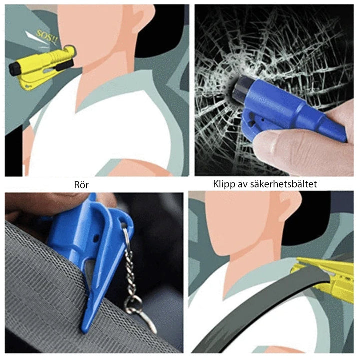 Multifunktionellt mini bil nödverktyg med hammare och säkerhetskap, kompakt design för enkel förvaring i bilen.