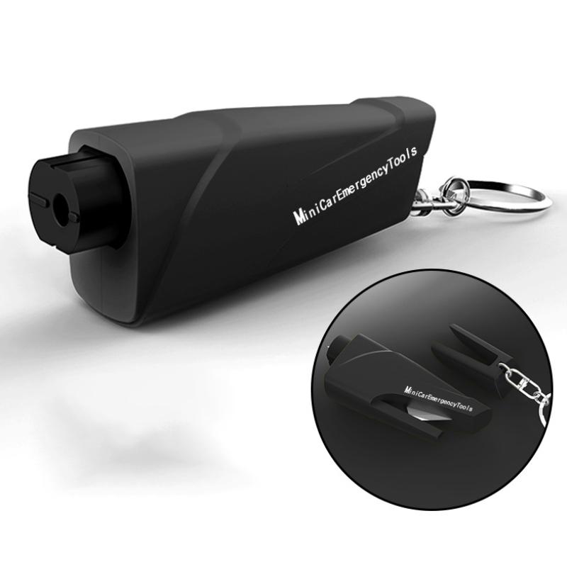 Multifunktionellt mini bil nödverktyg med hammare och säkerhetskap, kompakt design för enkel förvaring i bilen.