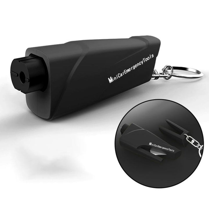 Multifunktionellt mini bil nödverktyg med hammare och säkerhetskap, kompakt design för enkel förvaring i bilen.