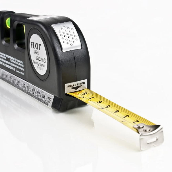 "Multifunktionellt svart laser vattenpass med måttband, kompakt design, precis rätt för noggranna mätningar inom DIY."