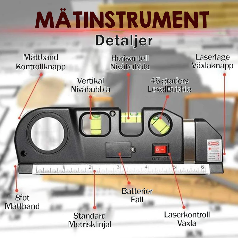 "Multifunktionellt svart laser vattenpass med måttband, kompakt design, precis rätt för noggranna mätningar inom DIY."