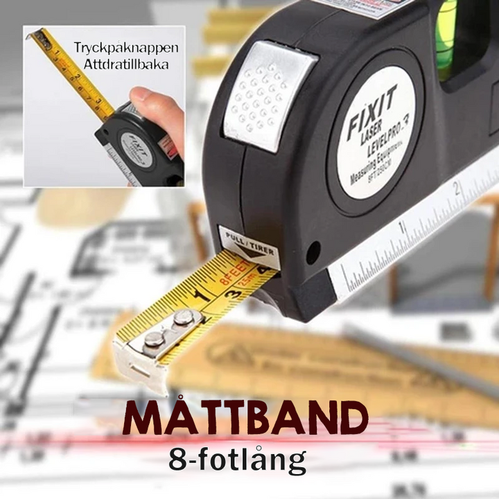 "Multifunktionellt svart laser vattenpass med måttband, kompakt design, precis rätt för noggranna mätningar inom DIY."
