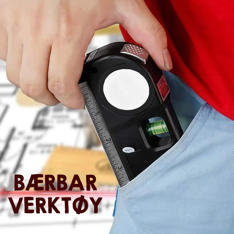 "Multifunktionellt svart laser vattenpass med måttband, kompakt design, precis rätt för noggranna mätningar inom DIY."