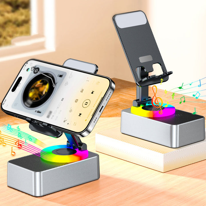 "Multifunktionellt telefonställ med Bluetooth-högtalare och powerbank, svart design med bärbar och halkfri bas."