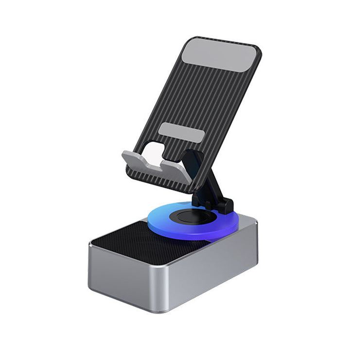"Multifunktionellt telefonställ med Bluetooth-högtalare och powerbank, svart design med bärbar och halkfri bas."
