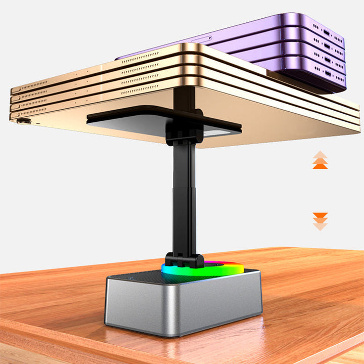 "Multifunktionellt telefonställ med Bluetooth-högtalare och powerbank, svart design med bärbar och halkfri bas."