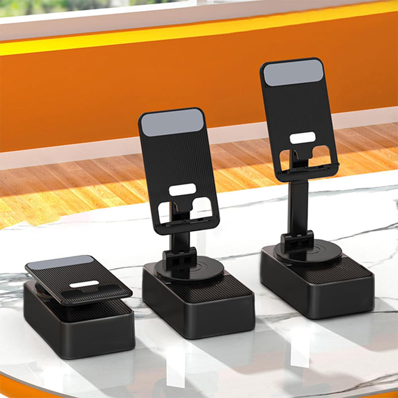"Multifunktionellt telefonställ med Bluetooth-högtalare och powerbank, svart design med bärbar och halkfri bas."