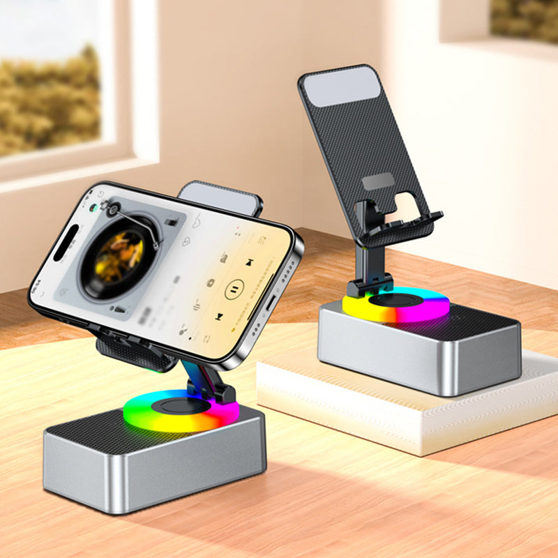 "Multifunktionellt telefonställ med Bluetooth-högtalare och powerbank, svart design med bärbar och halkfri bas."