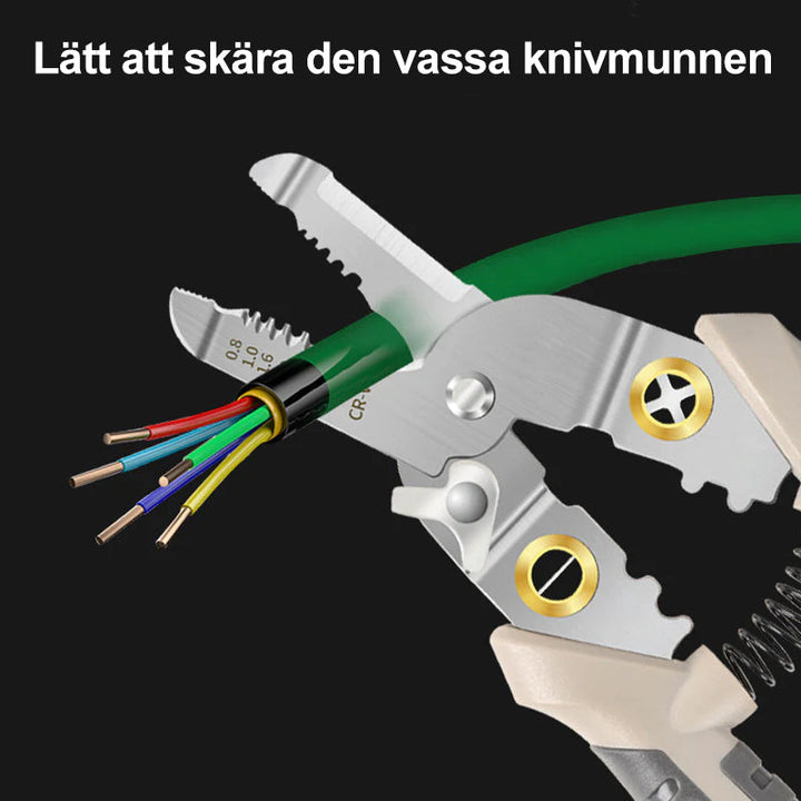 "Multifunktionellt verktyg med ergonomisk design, kromvanadinstål, kompakta vadderade handtag, idealiskt för trådhantering."