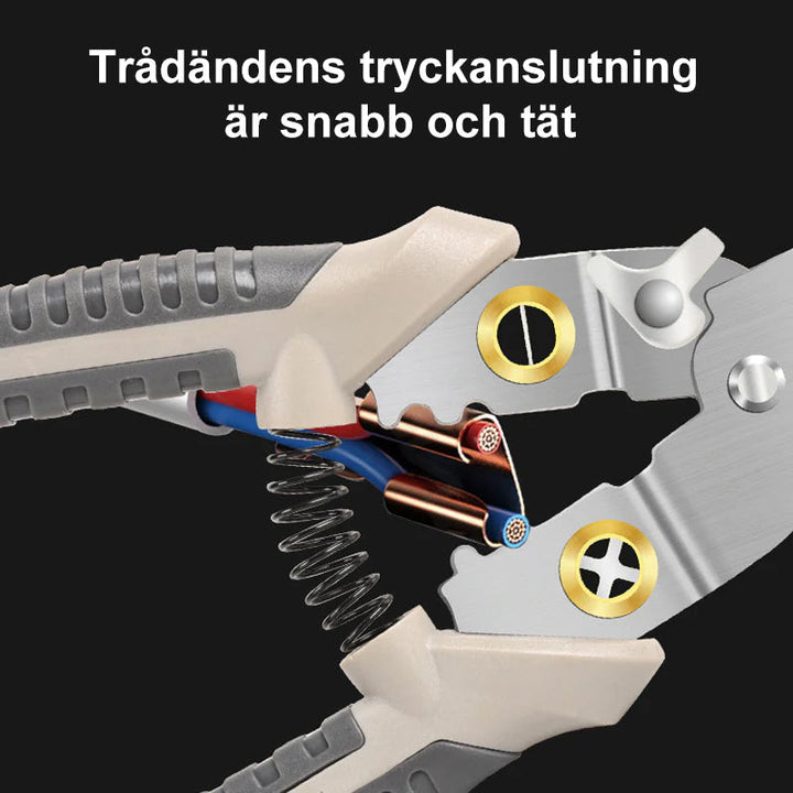 "Multifunktionellt verktyg med ergonomisk design, kromvanadinstål, kompakta vadderade handtag, idealiskt för trådhantering."