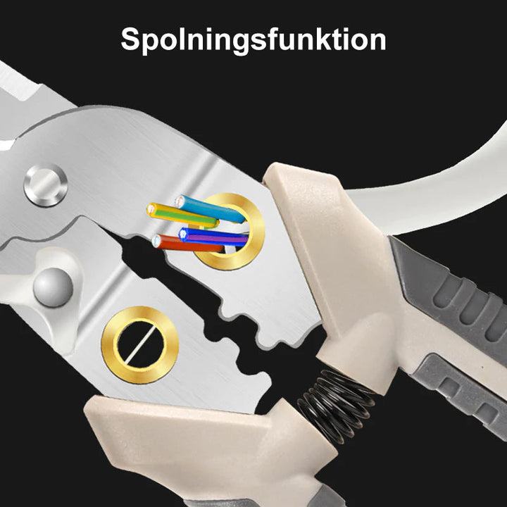 "Multifunktionellt verktyg med ergonomisk design, kromvanadinstål, kompakta vadderade handtag, idealiskt för trådhantering."