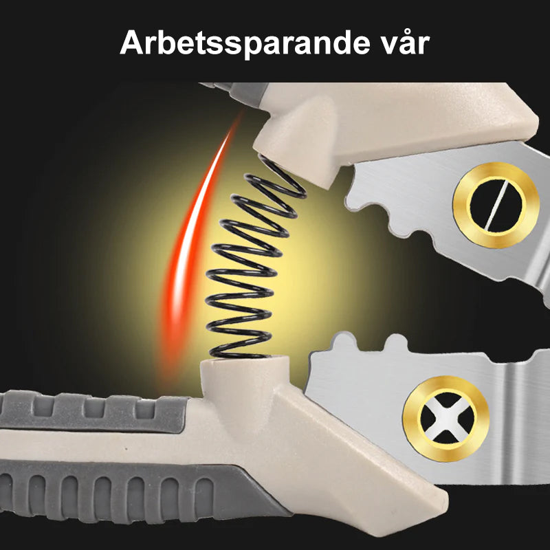 "Multifunktionellt verktyg med ergonomisk design, kromvanadinstål, kompakta vadderade handtag, idealiskt för trådhantering."