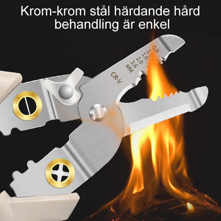 "Multifunktionellt verktyg med ergonomisk design, kromvanadinstål, kompakta vadderade handtag, idealiskt för trådhantering."