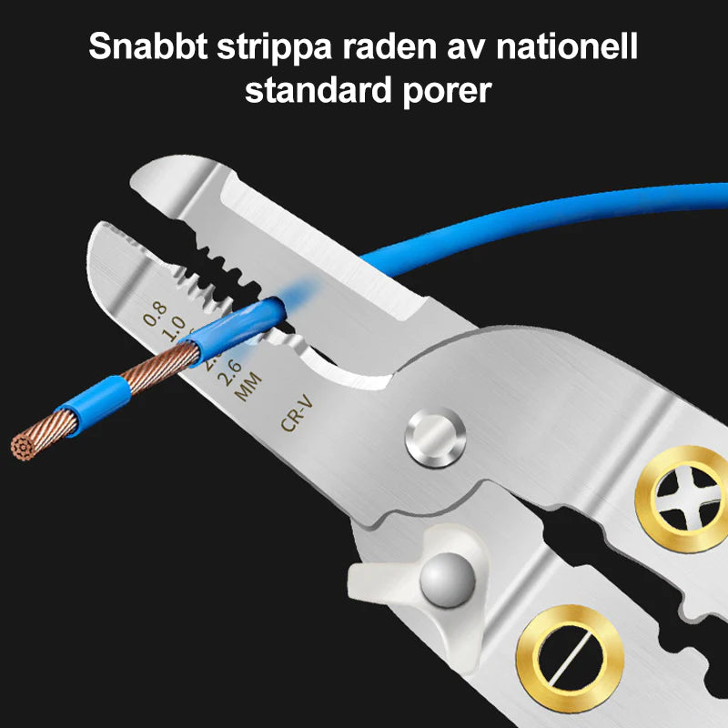 "Multifunktionellt verktyg med ergonomisk design, kromvanadinstål, kompakta vadderade handtag, idealiskt för trådhantering."