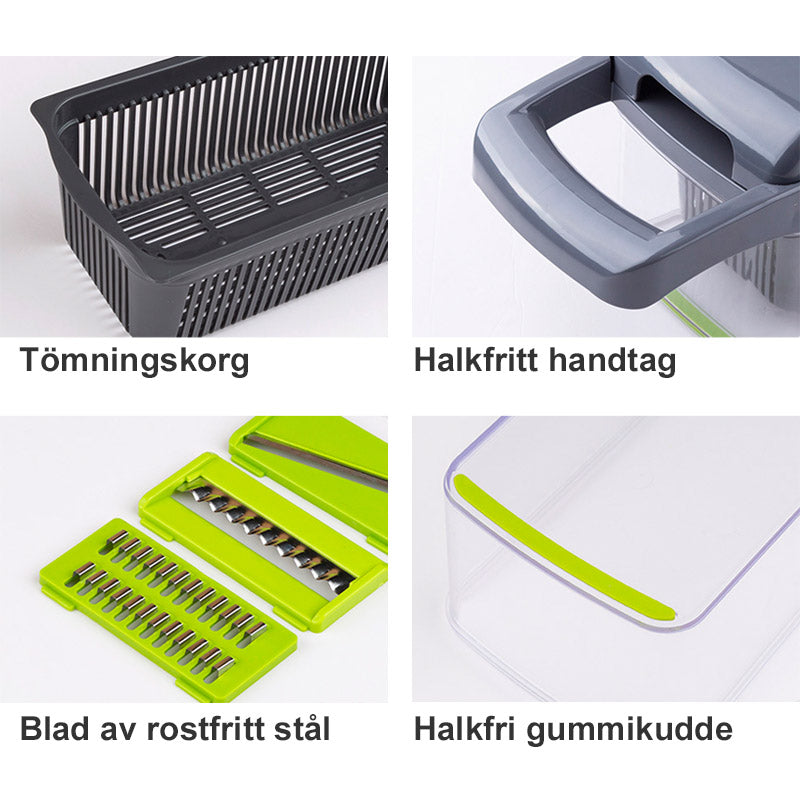 "Multihackare och Rivjärn 7-i-1, rostfritt stål och ABS, köksredskap för hackning och rivning av grönsaker och frukter."