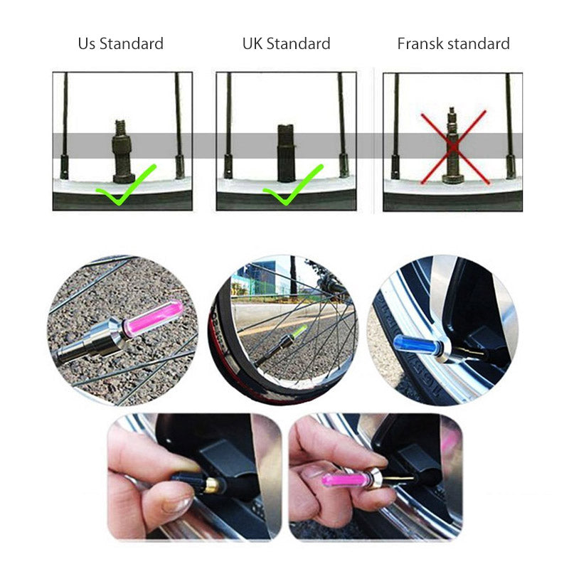 "Multikolor LED-lampa för däckventil lyser i olika färger, ökar synlighet och stil vid bil-, cykel- eller motorcykelkörning."