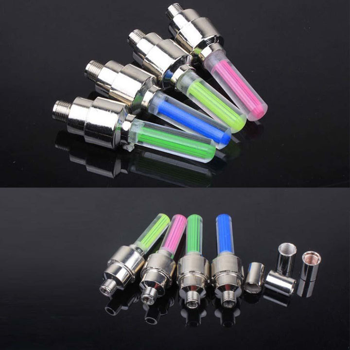 "Multikolor LED-lampa för däckventil lyser i olika färger, ökar synlighet och stil vid bil-, cykel- eller motorcykelkörning."